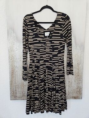 Anthropologie Black and Cream Long-Sleeve Fit-and-Flare Dress